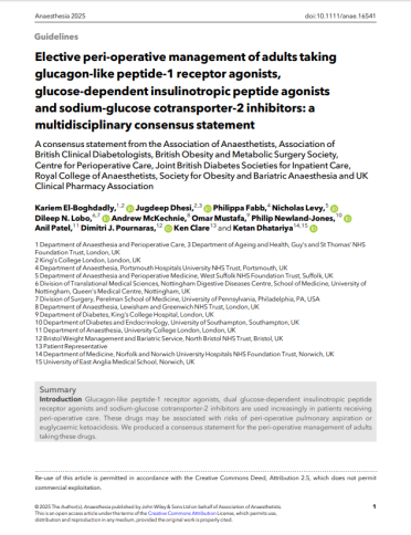 Front page of Elective perioperative management of adults taking glucagon-like peptide-1 receptor agonists, glucose-dependent insulinotropic peptide agonists and sodium-glucose cotransporter-2 inhibitors